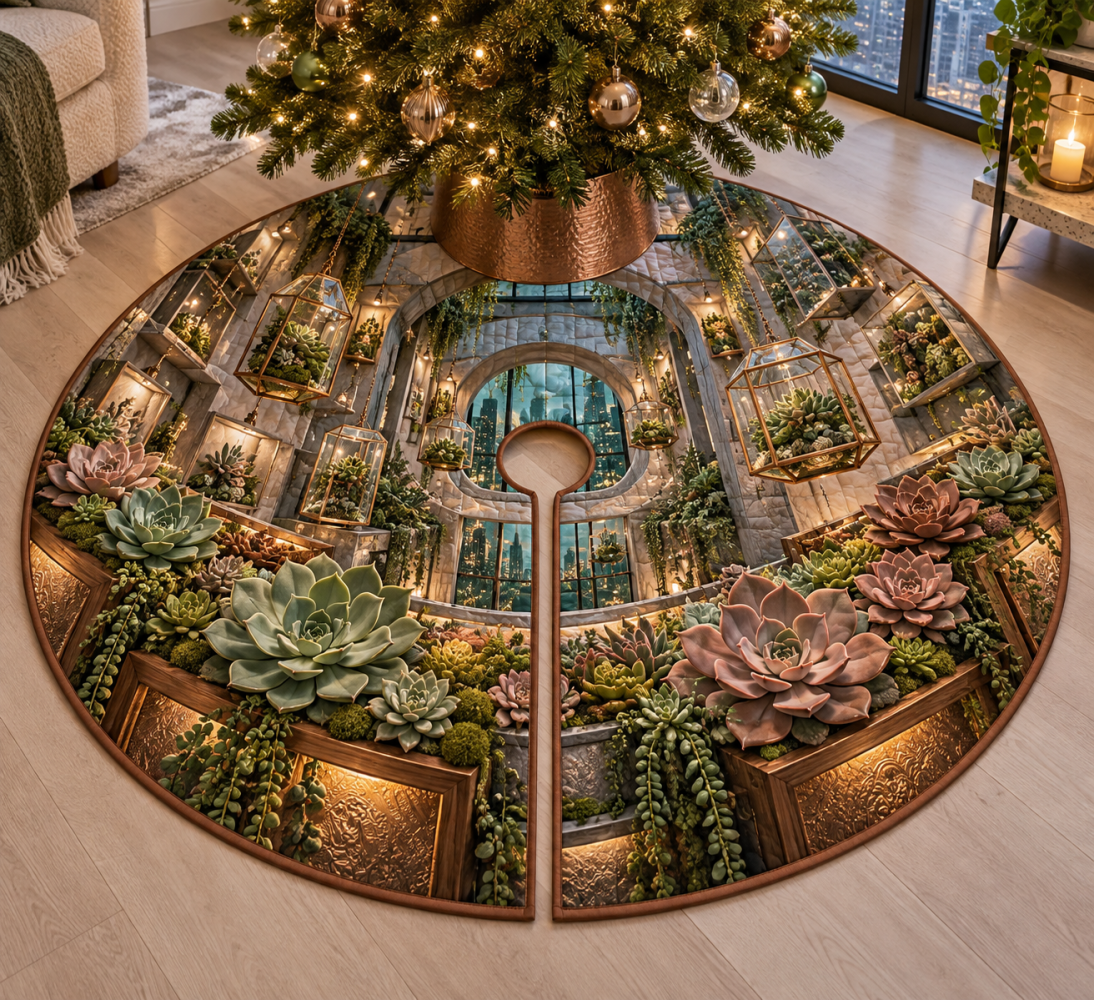 Modern Succulent Shadowbox Tree Skirt — 46In Soft Velvet With Subtle Mosaic Panels, Non-Slip Backing, Quick-Release Closure For Easy Setup