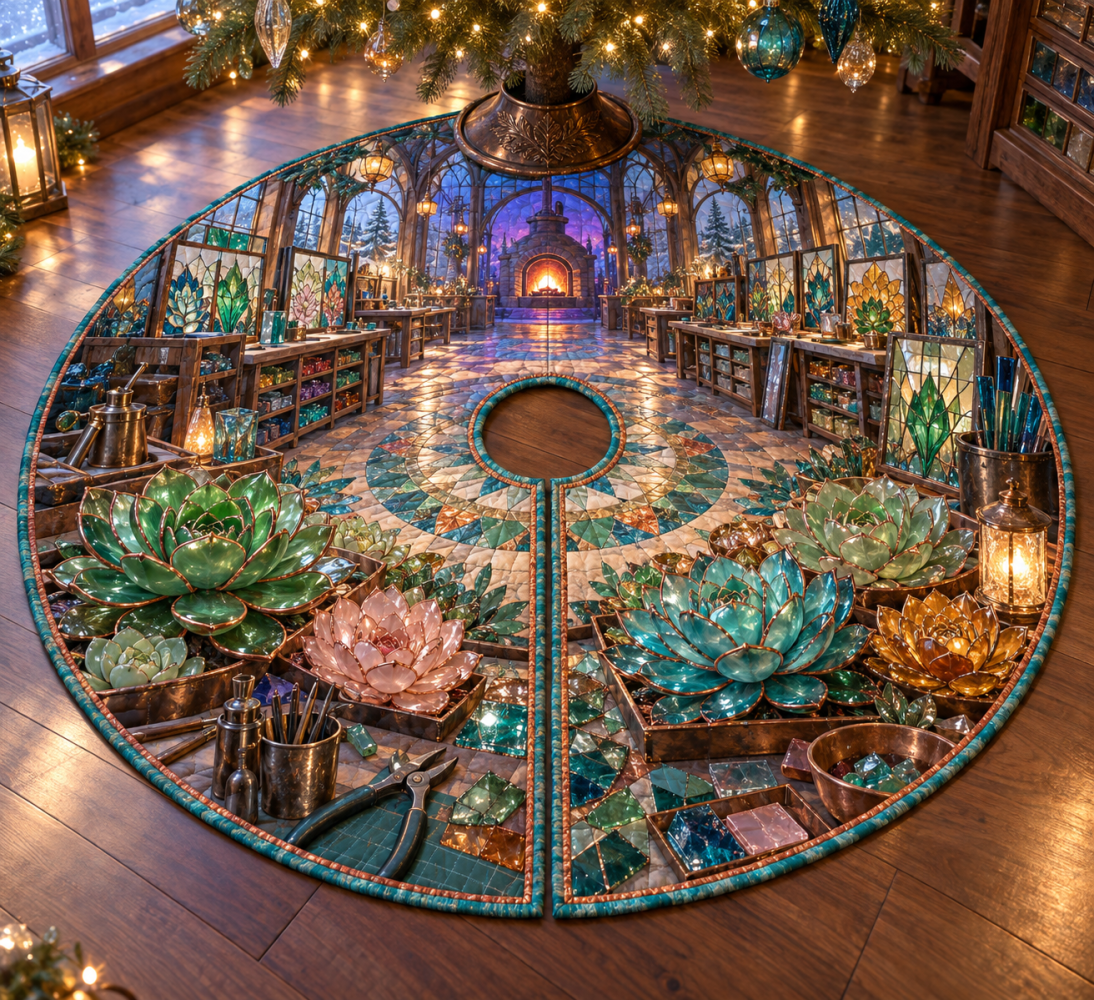Handcrafted Succulent Mosaic Tree Skirt — 50In Premium Velvet With Geometric Tiles, Embroidered Accents, Gift-Ready Holiday Base, Easy Care