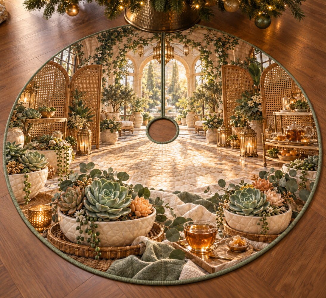Succulent Amber Holiday Tree Skirt — 48In Earth-Toned Velvet With Warm Amber Print, Reversible Design, Perfect For Cozy & Modern Décor