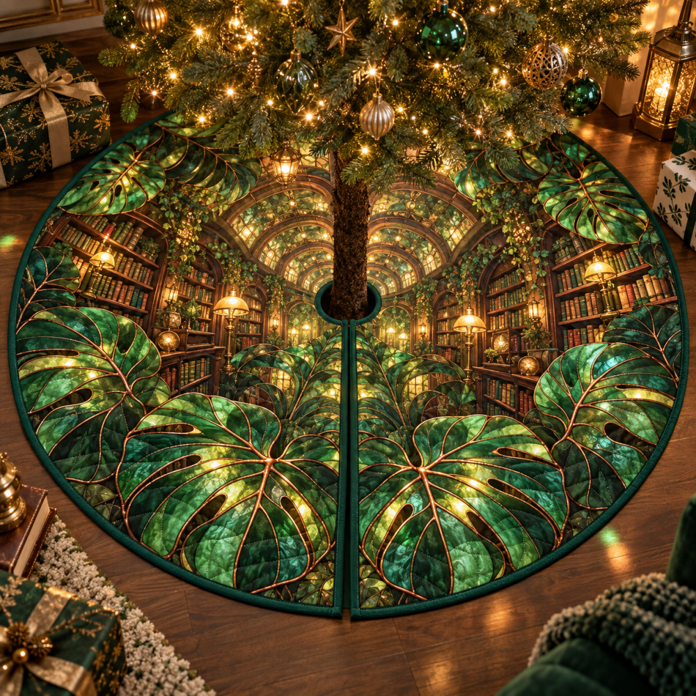 Monstera Lumenleaf Library Tree Skirt — 46In Soft Brushed Velvet With Vintage Leaf Print, Secure Hook Closure, Machine-Washable