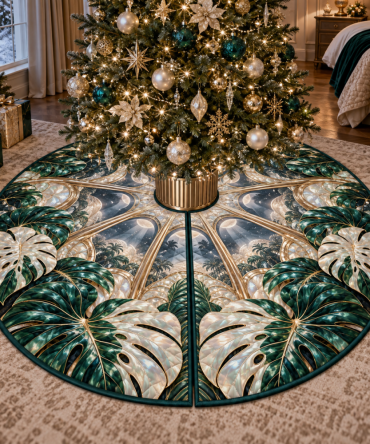 Moonlit Monstera Opal Tree Skirt — 50In Iridescent Velvet With Subtle Leaf Embossing, Reversible Holiday Base For Modern & Classic Trees