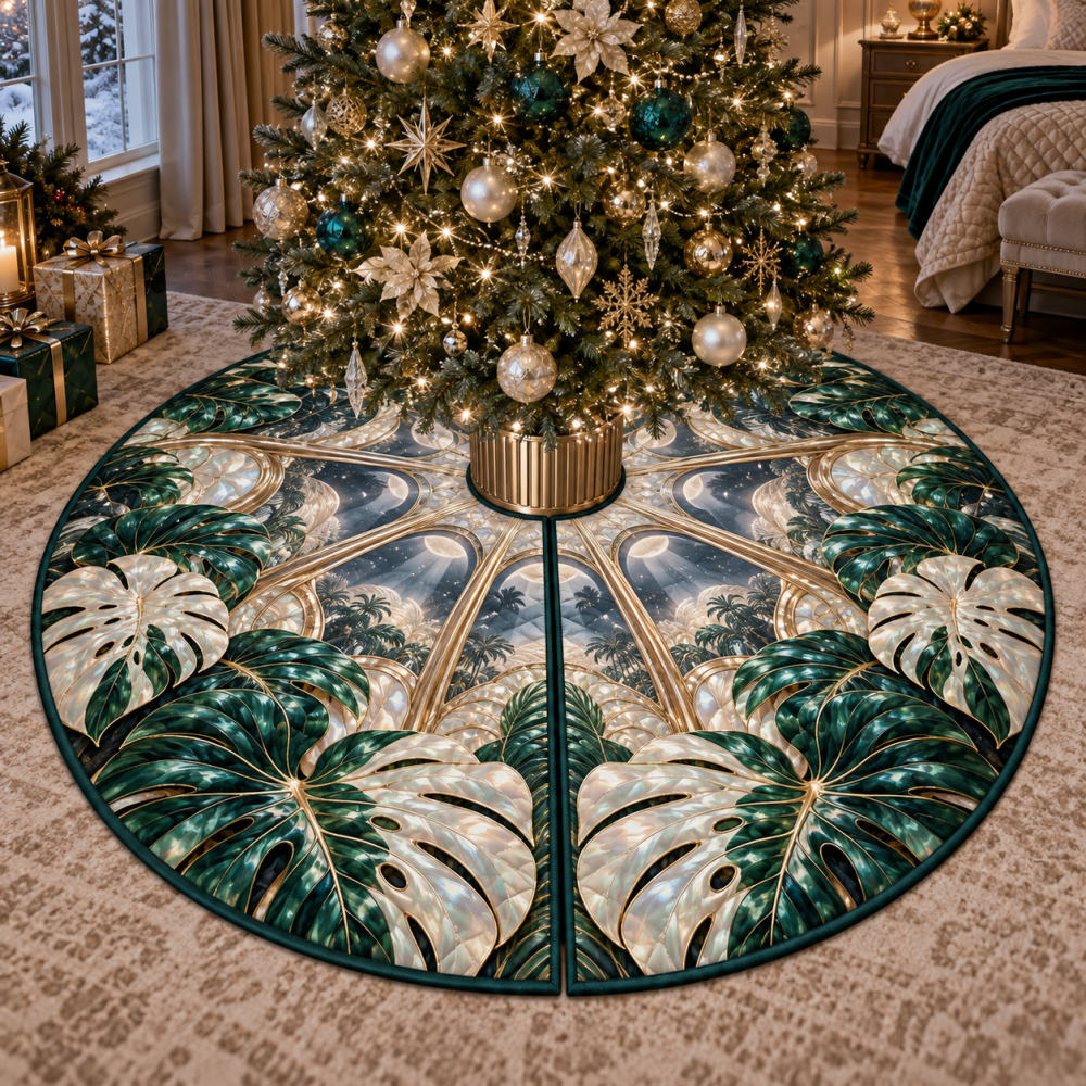 Moonlit Monstera Opal Tree Skirt — 50In Iridescent Velvet With Subtle Leaf Embossing, Reversible Holiday Base For Modern & Classic Trees