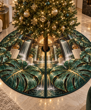 Grand Monstera Titanleaf Tree Skirt — 60In Oversized Velvet Holiday Mat With Watercolor Leaf Print And Weighted Hem For Smooth Drape