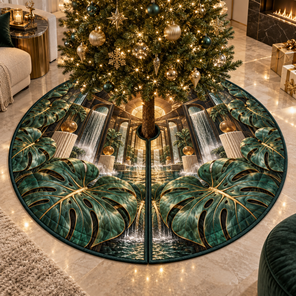 Grand Monstera Titanleaf Tree Skirt — 60In Oversized Velvet Holiday Mat With Watercolor Leaf Print And Weighted Hem For Smooth Drape