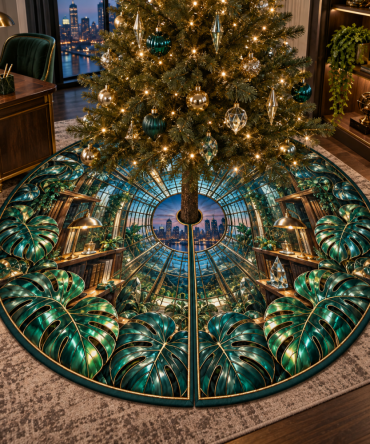 Artisan Monstera Glasswork Tree Skirt — 54In Luxe Velvet With Hand-Stitched Leaf Accents, Stain-Resistant Backing, Holiday Focal Piece