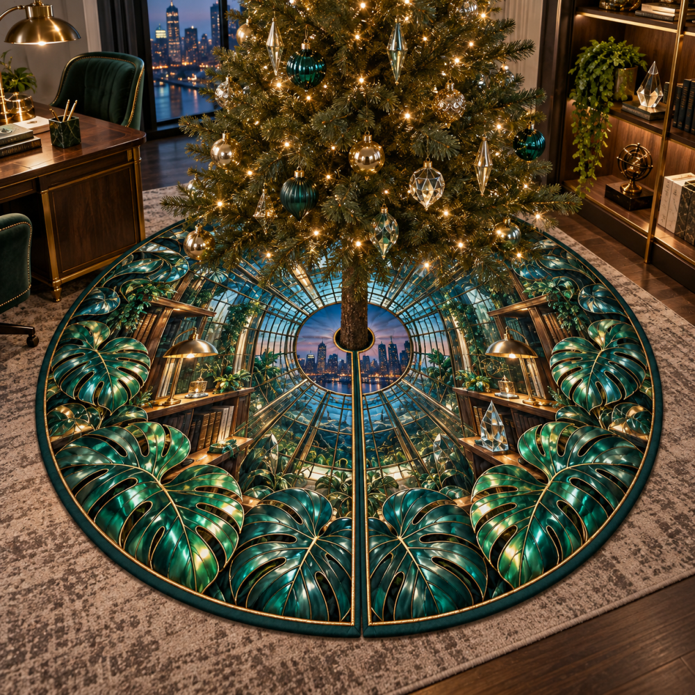 Artisan Monstera Glasswork Tree Skirt — 54In Luxe Velvet With Hand-Stitched Leaf Accents, Stain-Resistant Backing, Holiday Focal Piece