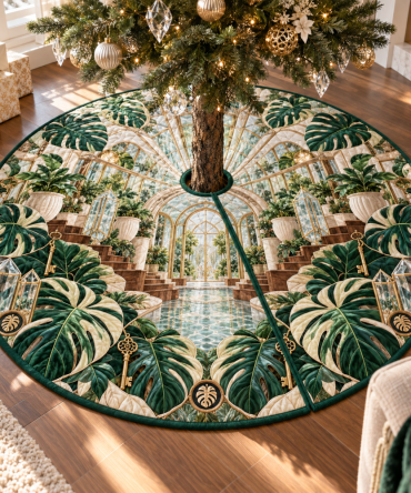 Monstera Crystal Courtyard Tree Skirt — 48In Shimmery Fabric With Embroidered Leaf Motif, Gift-Ready Holiday Base, Machine Washable