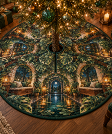 Elegant Monstera Lantern Tree Skirt — 52In Plush Velvet Holiday Mat With Gold Fringe, Reversible Botanical Décor For Living Rooms