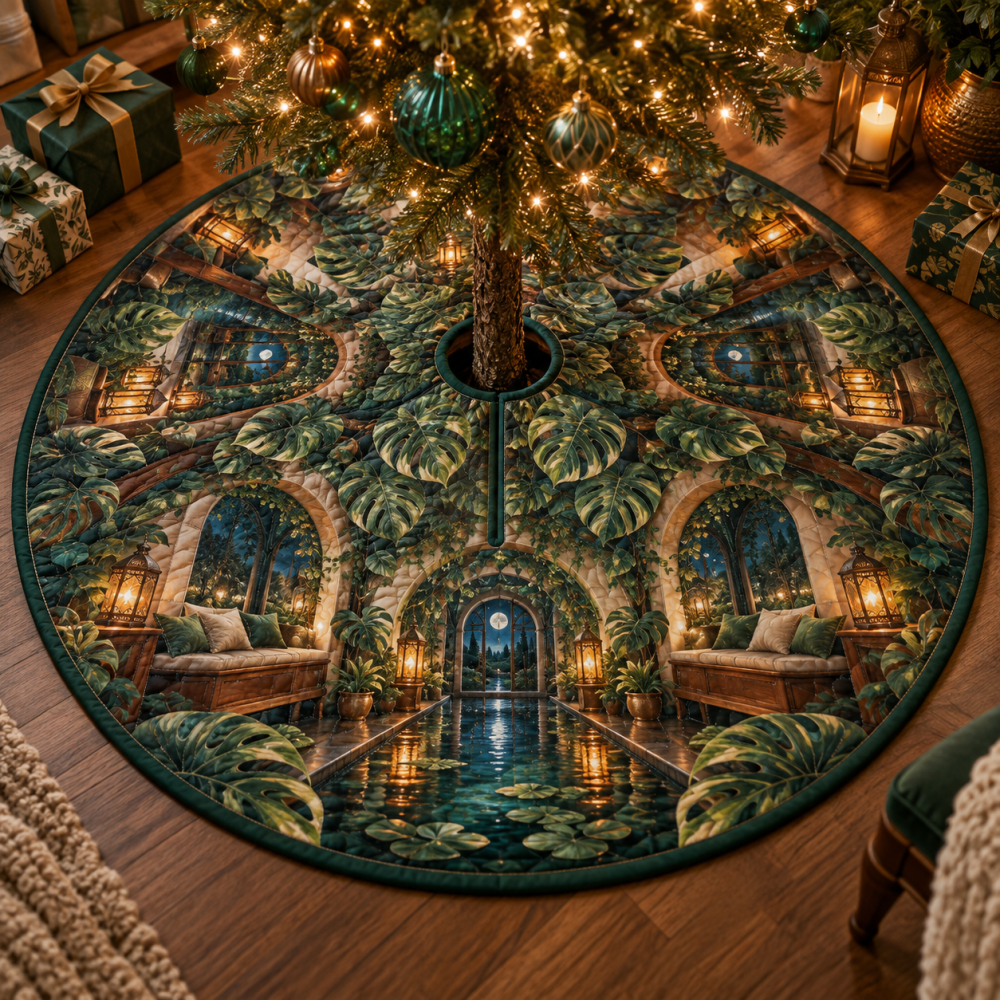 Elegant Monstera Lantern Tree Skirt — 52In Plush Velvet Holiday Mat With Gold Fringe, Reversible Botanical Décor For Living Rooms