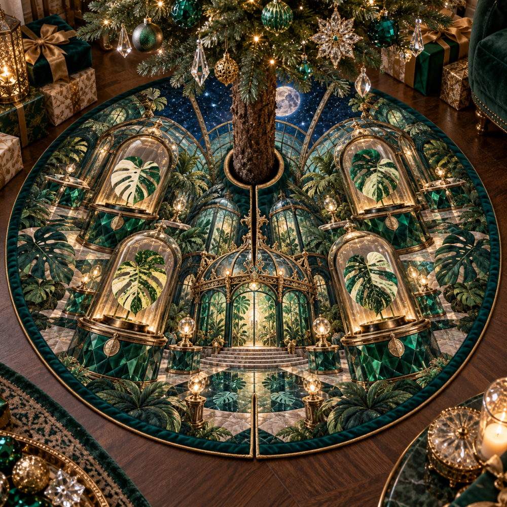 Premium Monstera Botanical Tree Skirt — 48In Velvet Holiday Base With Metallic Trim, Reversible Design For Elegant Living Rooms