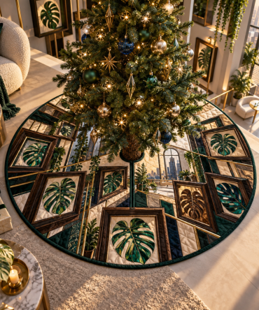 Loftline Monstera Christmas Tree Skirt - Shadowbox Atrium Tropical Design, Statement Green Holiday Tree Cover
