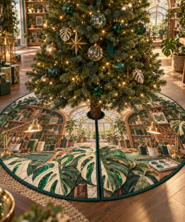 Makerlight Monstera Christmas Tree Skirt - Atelier Tropical Print, Chic Green Holiday Skirt For Modern Home Decor