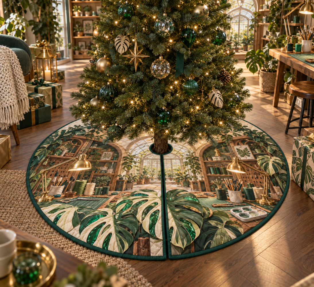 Makerlight Monstera Christmas Tree Skirt - Atelier Tropical Print, Chic Green Holiday Skirt For Modern Home Decor
