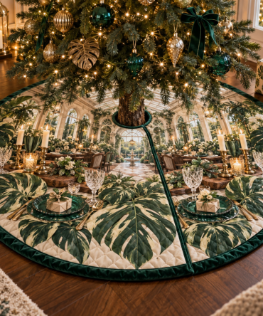 Monstera Everwelcome Christmas Tree Skirt - Supper Atrium Tropical Botanical Design, Bold Green Holiday Tree Base Skirt