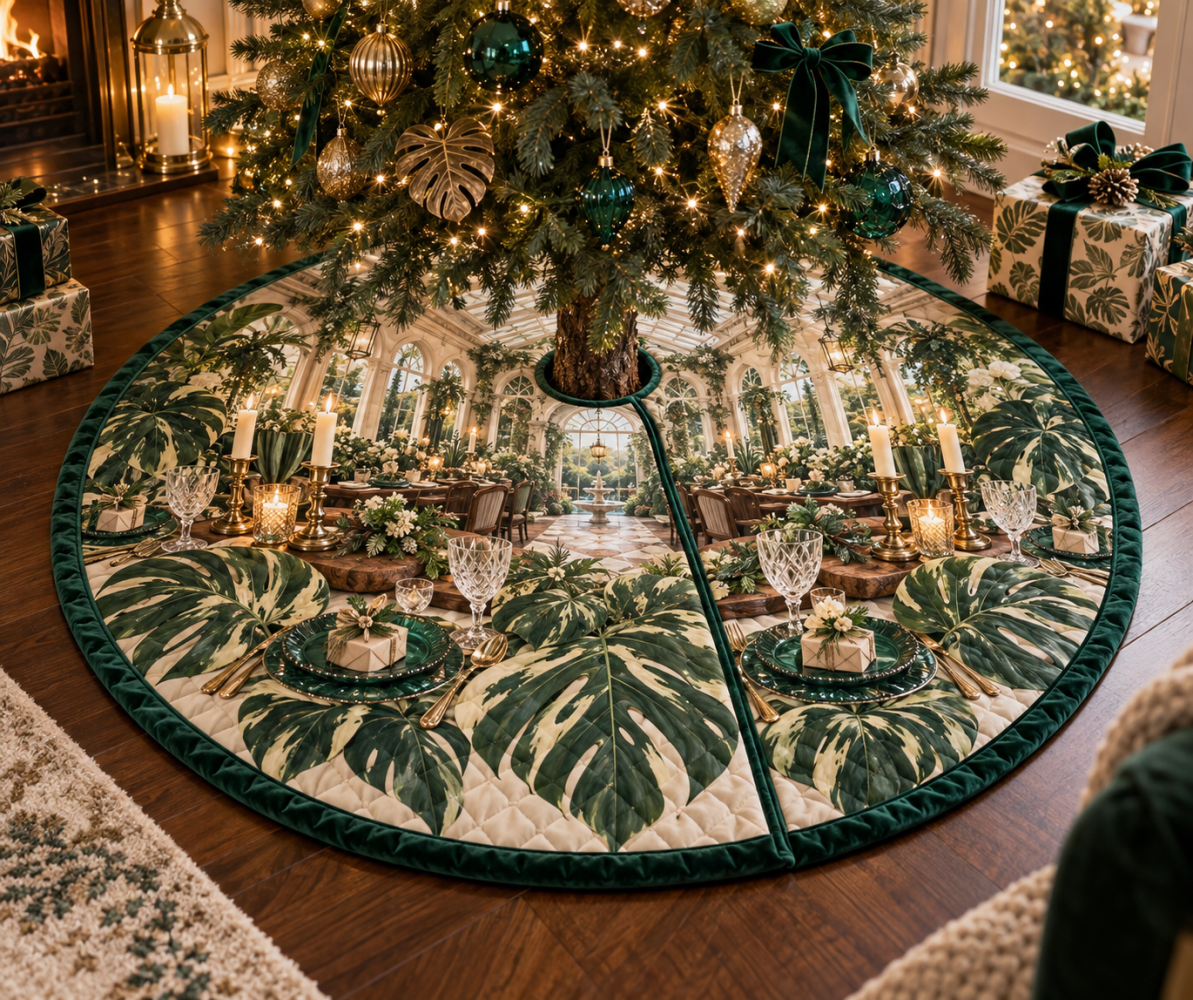 Monstera Everwelcome Christmas Tree Skirt - Supper Atrium Tropical Botanical Design, Bold Green Holiday Tree Base Skirt