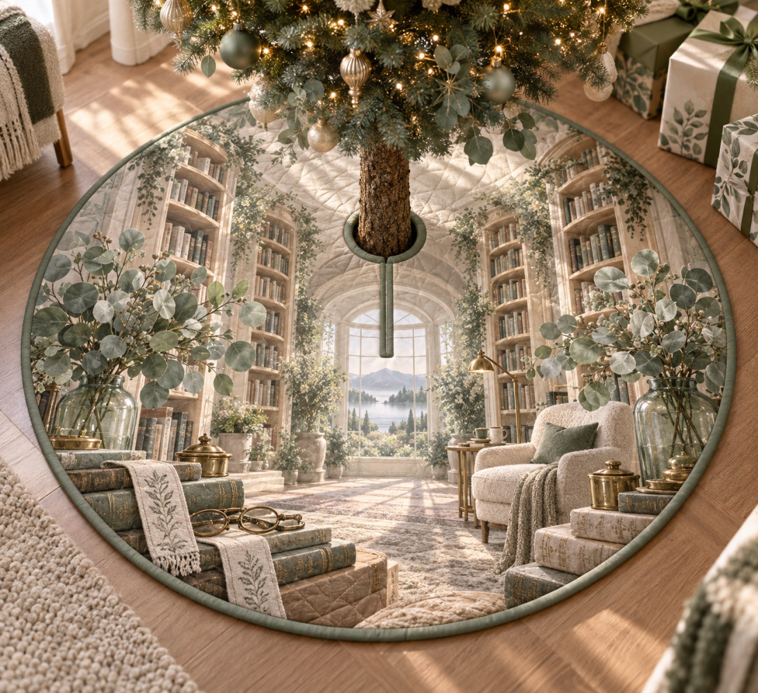 Silverleaf Eucalyptus Christmas Tree Skirt - Story Alcove Botanical Print, Timeless Silver-Green Holiday Tree Skirt