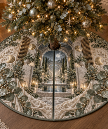Moonveil Eucalyptus Holiday Tree Skirt - Sanctuary Botanical Motif, Elegant Moonlit Green Christmas Tree Base Cover