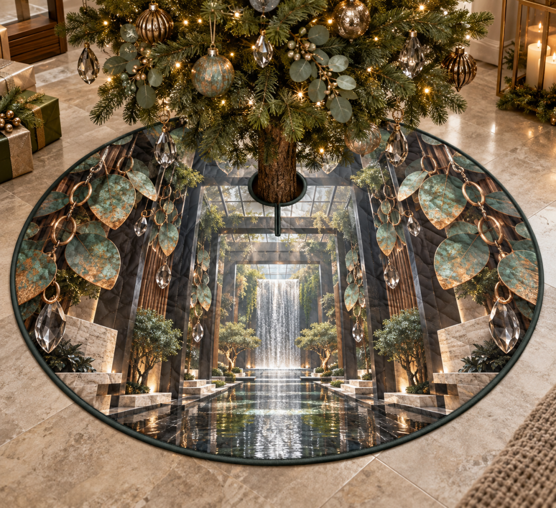 Verdigris Eucalyptus Christmas Tree Skirt - Cascade Gallery Botanical Design, Vintage Green Holiday Tree Base Skirt