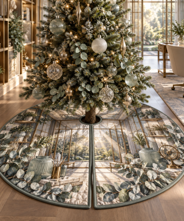 Daybreak Eucalyptus Holiday Tree Skirt - Gridwork Studio Botanical Pattern, Modern Green Christmas Tree Skirt For Home Decor
