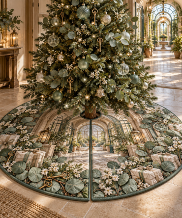 Hearthkey Eucalyptus Christmas Tree Skirt - Welcome Conservatory Botanical Holiday Skirt, Classic Green Tree Base Cover