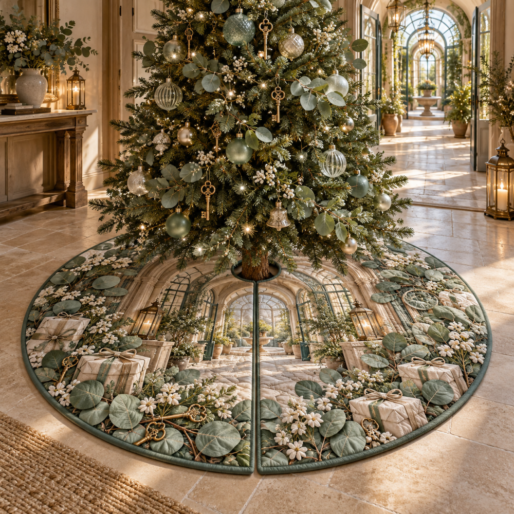 Hearthkey Eucalyptus Christmas Tree Skirt - Welcome Conservatory Botanical Holiday Skirt, Classic Green Tree Base Cover