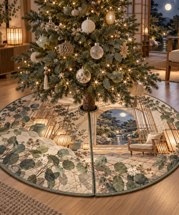 Hushlight Eucalyptus Holiday Tree Skirt - Paper Pavilion Inspired Botanical Design, Subtle Green Christmas Skirt