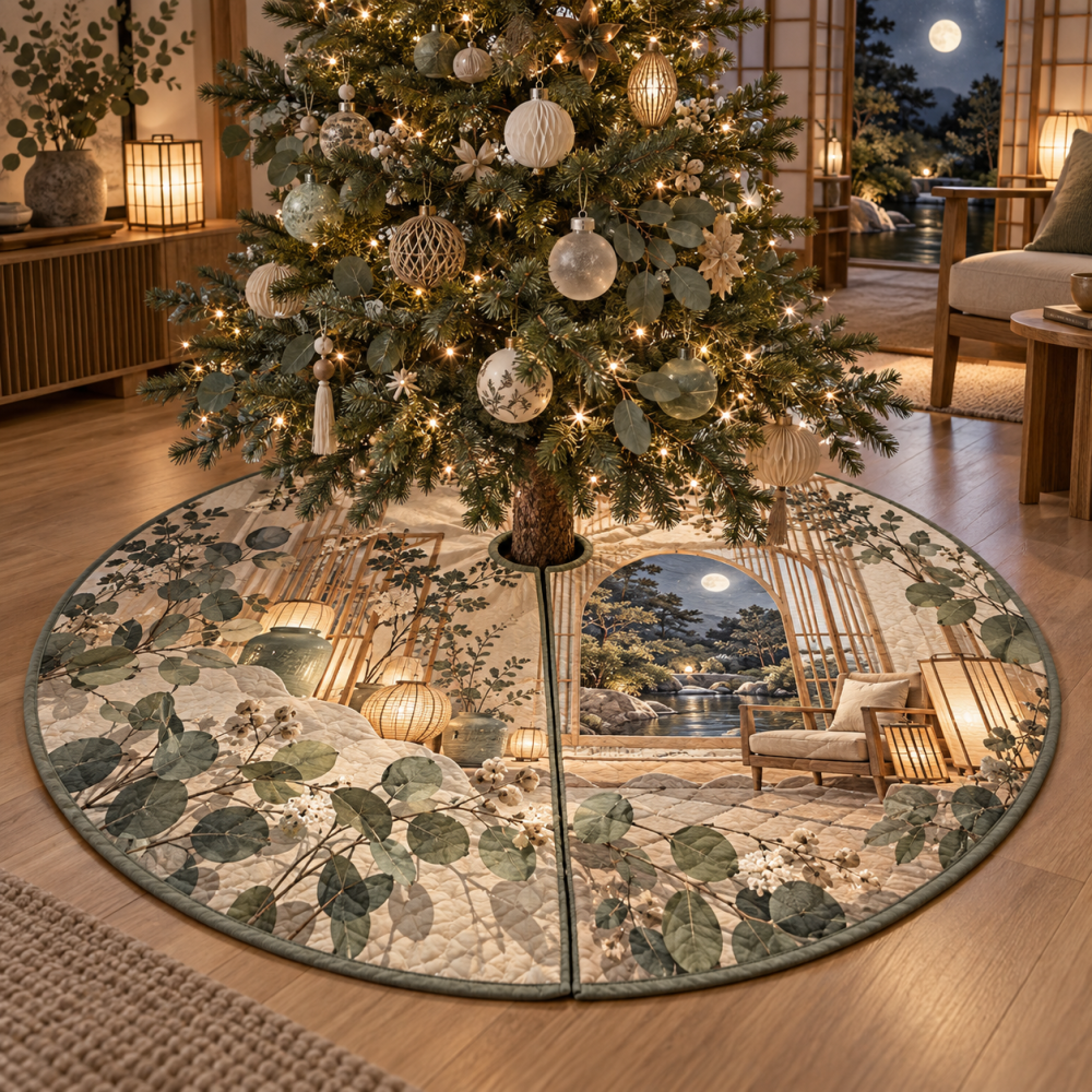 Hushlight Eucalyptus Holiday Tree Skirt - Paper Pavilion Inspired Botanical Design, Subtle Green Christmas Skirt