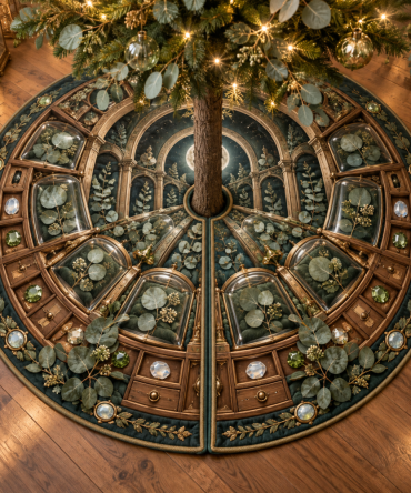 Gemvault Eucalyptus Christmas Tree Skirt - Specimen Cabinet Inspired Botanical Skirt, Elegant Green Holiday Base Cover