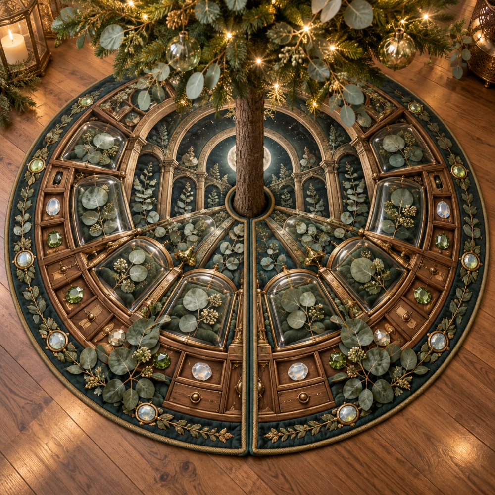 Gemvault Eucalyptus Christmas Tree Skirt - Specimen Cabinet Inspired Botanical Skirt, Elegant Green Holiday Base Cover