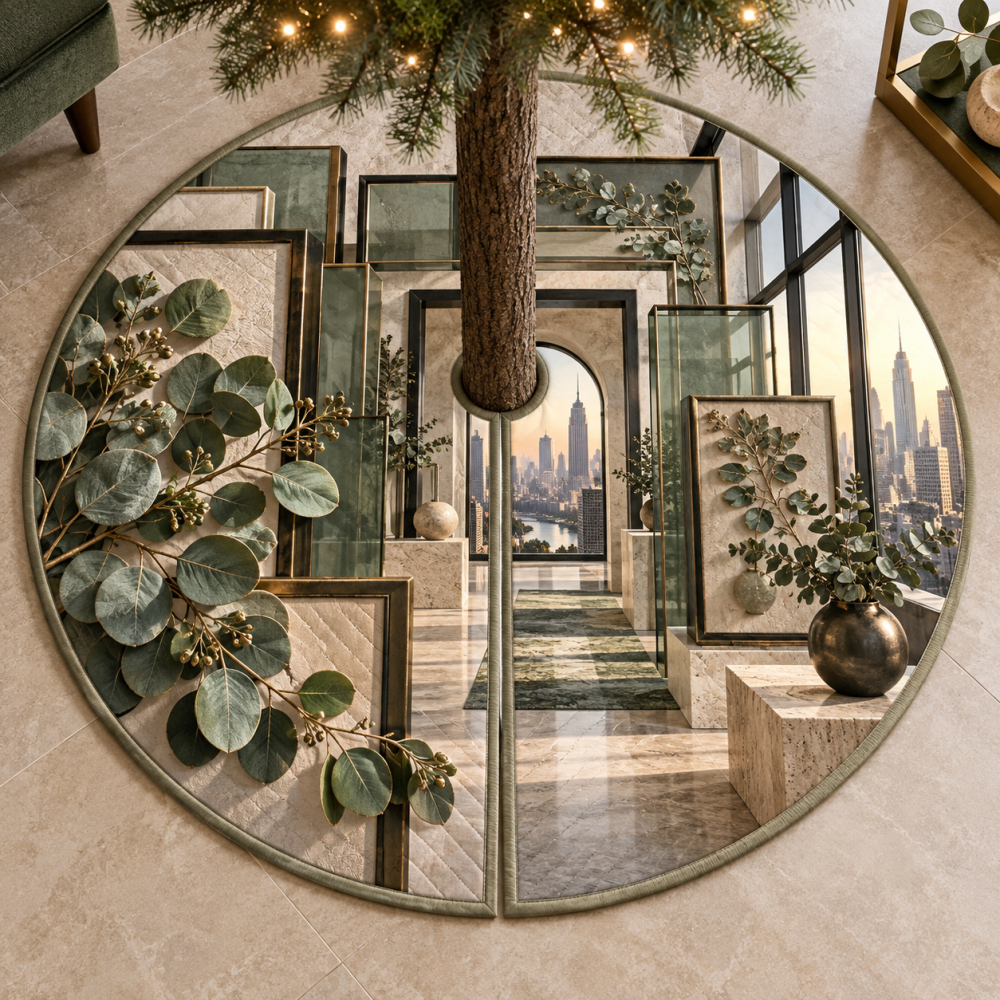 Prismframe Eucalyptus Holiday Tree Skirt - Loft Salon Botanical Design, Luxurious Green Christmas Tree Cover