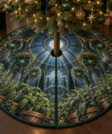 Botanical Herb Garden Christmas Tree Skirt - Nocturne Canopy Green Holiday Decor, Premium Round Tree Skirt