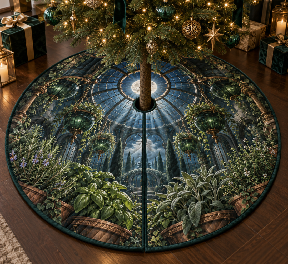 Botanical Herb Garden Christmas Tree Skirt - Nocturne Canopy Green Holiday Decor, Premium Round Tree Skirt