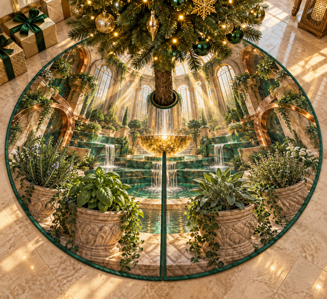 Herb Garden Sunwell Holiday Tree Skirt — Cascading Sunlit Herb Design, Lightweight Layering Skirt, 50 In, Easy Care & Store