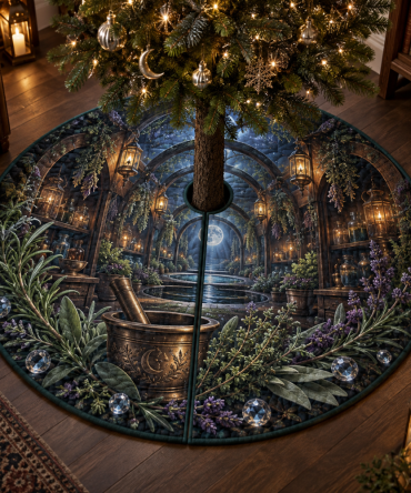 Herb Garden Moonwell Apothecary Holiday Tree Skirt — Apothecary Herb Motifs, Moody Palette, 50 In Round, Protective Backing