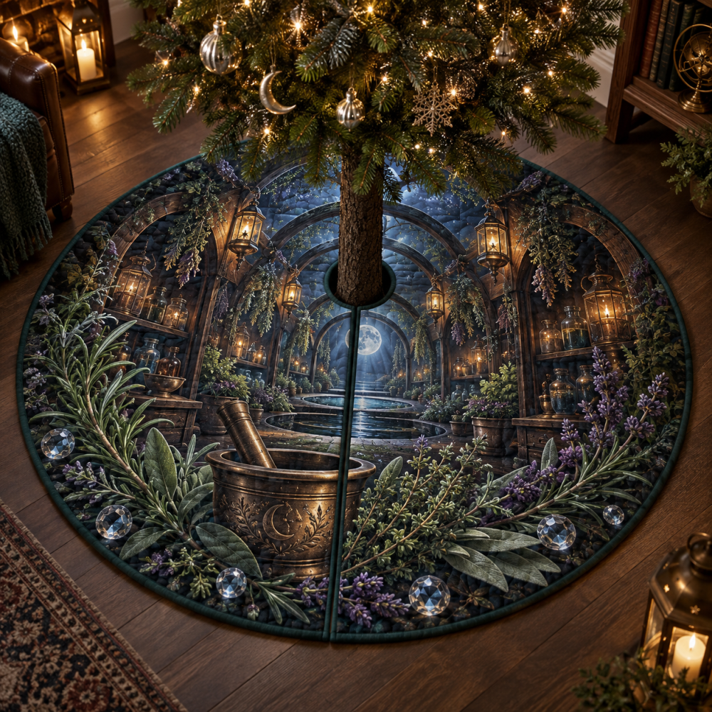 Herb Garden Moonwell Apothecary Holiday Tree Skirt — Apothecary Herb Motifs, Moody Palette, 50 In Round, Protective Backing