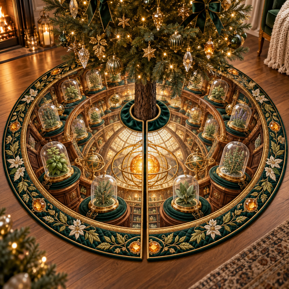 Herb Garden Herbarium Vault Holiday Tree Skirt — Vintage Herbarium Prints, Heavy-Duty Fabric, 56 In For Large Trees, Easy Care