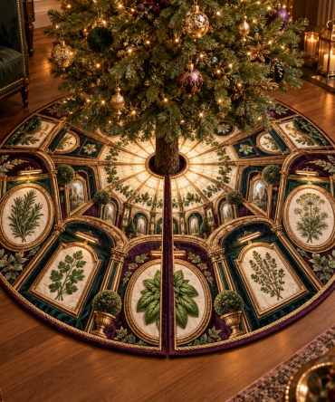 Herb Garden Gallery Holiday Tree Skirt — Botanical Illustration Series, Quilted Construction, 52 In Round, Elegant Neutral Tones