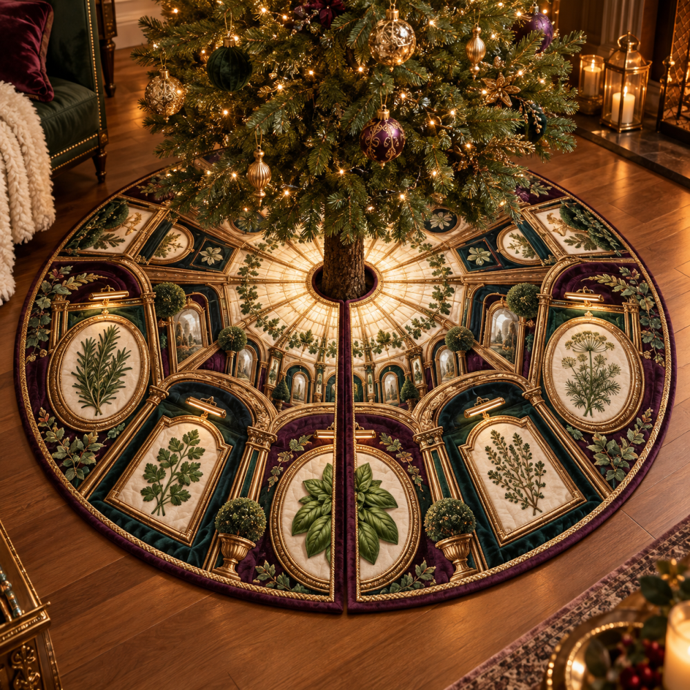 Herb Garden Gallery Holiday Tree Skirt — Botanical Illustration Series, Quilted Construction, 52 In Round, Elegant Neutral Tones