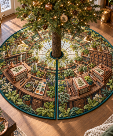 Herb Garden Maker Holiday Tree Skirt — Artisan Herb Print, Textured Linen-Look Fabric, 50 In Diameter, Machine Wash, Farmhouse Gift