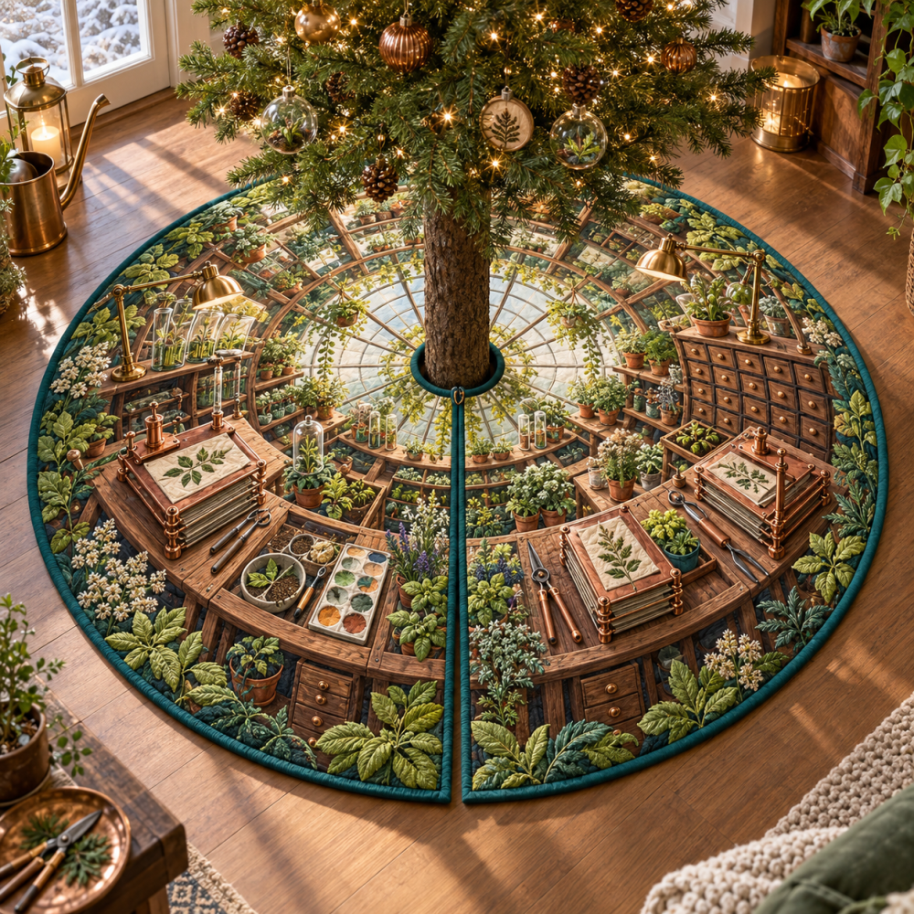Herb Garden Maker Holiday Tree Skirt — Artisan Herb Print, Textured Linen-Look Fabric, 50 In Diameter, Machine Wash, Farmhouse Gift