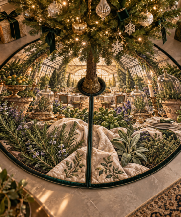 Herb Garden Supper Holiday Tree Skirt — Rustic Herb Motif, Earth-Toned Canvas, Durable Backing, 54 In Round, Washable & Durable