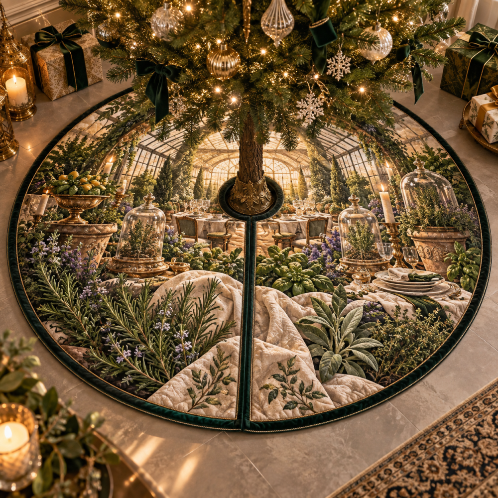 Herb Garden Supper Holiday Tree Skirt — Rustic Herb Motif, Earth-Toned Canvas, Durable Backing, 54 In Round, Washable & Durable