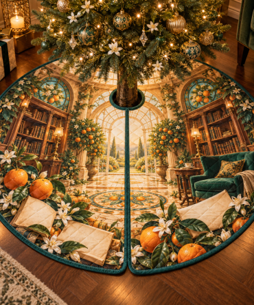 Citrus Blossom Orangery Reading Holiday Tree Skirt — Elegant Botanical Citrus Print, Soft Lining, 48 In Versatile Fit, Easy Storage