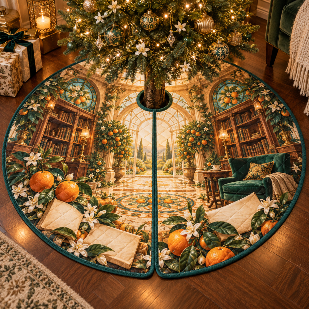 Citrus Blossom Orangery Reading Holiday Tree Skirt — Elegant Botanical Citrus Print, Soft Lining, 48 In Versatile Fit, Easy Storage