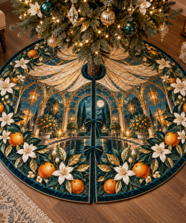 Citrus Blossom Emberglass Holiday Tree Skirt — Warm Ember Citrus Pattern, Plush Insulation, 56 In Round, Easy-Care Fabric