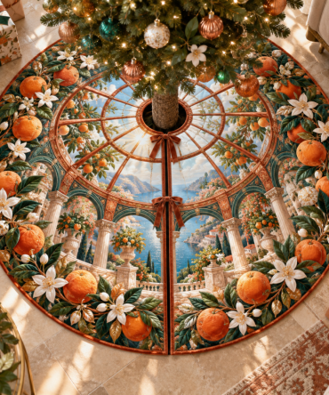 Citrus Blossom Copperlight Holiday Tree Skirt — Metallic-Accented Citrus Motif, Stain-Resistant, 50 In Diameter, Gift-Ready Packaging