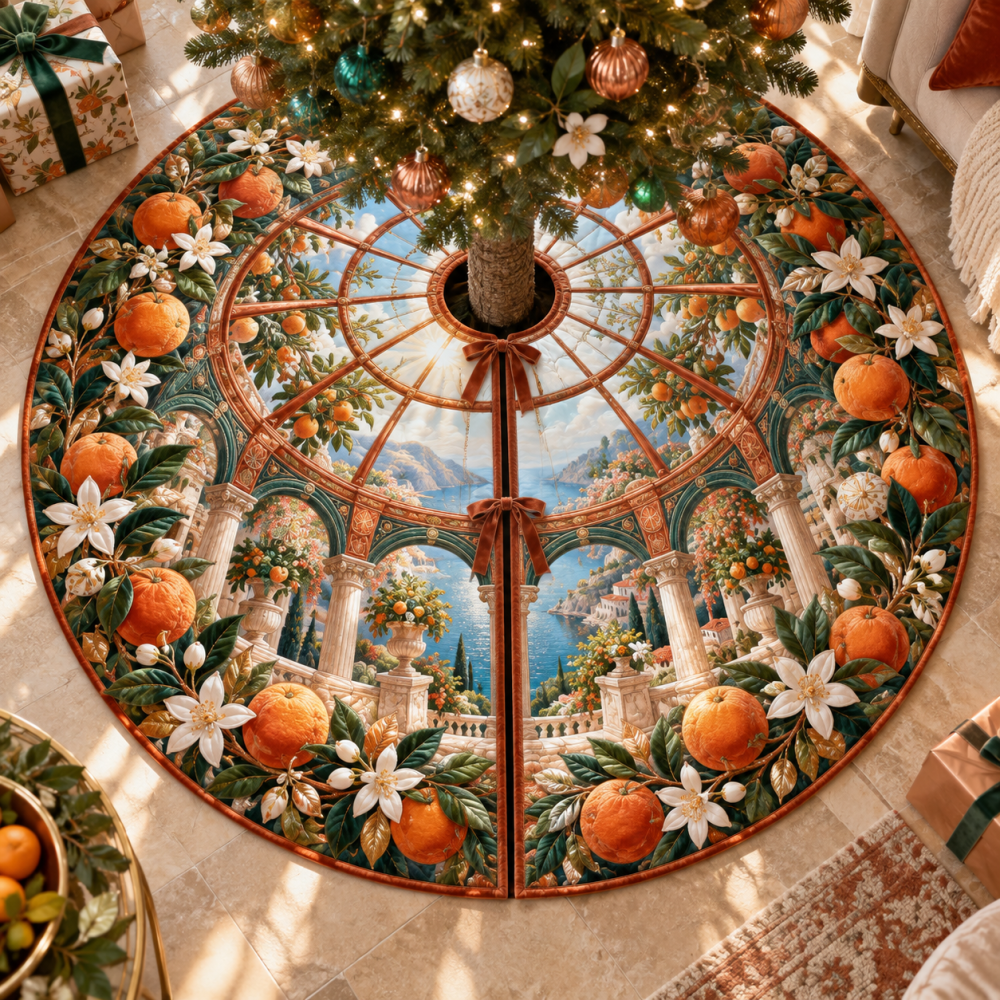 Citrus Blossom Copperlight Holiday Tree Skirt — Metallic-Accented Citrus Motif, Stain-Resistant, 50 In Diameter, Gift-Ready Packaging