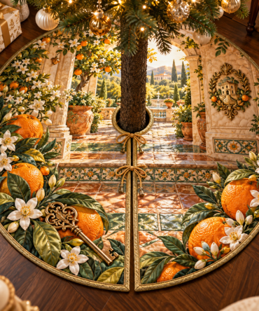 Citrus Blossom Welcome Holiday Tree Skirt — Classic Citrus Print, Soft Velvet Touch, 48–60 In Fit, Quick-Closure, Gift-Ready