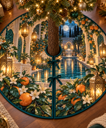 Citrus Blossom Lantern Holiday Tree Skirt — Boho Citrus Pattern, Thick Non-Slip Backing, 54 In Round, Easy Care For Xmas