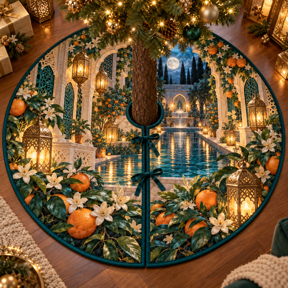 Citrus Blossom Lantern Holiday Tree Skirt — Boho Citrus Pattern, Thick Non-Slip Backing, 54 In Round, Easy Care For Xmas